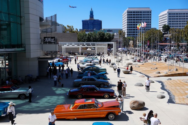 People look at cars on display at the fourth annual San Jose Lowrider Day in front of San José City Hall in downtown San José, Calif., on Sunday, Sept. 6, 2026. (Nhat V. Meyer/Bay Area News Group)