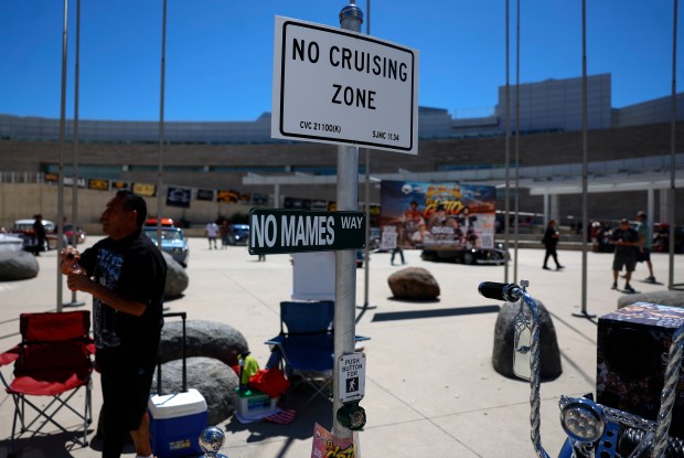 A "No Cruising Zone" on display at the fourth annual San Jose Lowrider Day along East Santa Clara Street in front of San José City Hall in downtown San José, Calif., on Sunday, Sept. 6, 2026. (Nhat V. Meyer/Bay Area News Group)