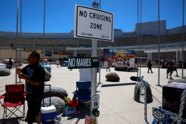 A "No Cruising Zone" on display at the fourth annual San Jose Lowrider Day along East Santa Clara Street in front of San José City Hall in downtown San José, Calif., on Sunday, Sept. 6, 2026. (Nhat V. Meyer/Bay Area News Group)