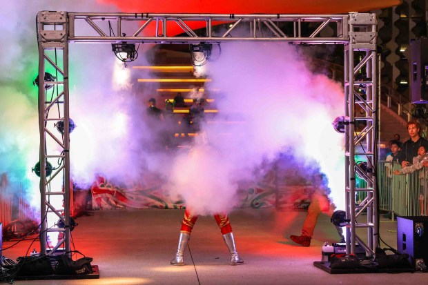 Luchador Ultra Hashi is introduced for a wrestling match against El Cucuy during Lucha Libre Wrestling Night at Thrive City Plaza in San Francisco, Calif., Thursday, Sept. 24, 2026. Twenty-two wrestlers performed in six matches during the free event hosted by West Coast Pro Wrestling and Pro Wrestling Revolution. (Ray Chavez/Bay Area News Group)
