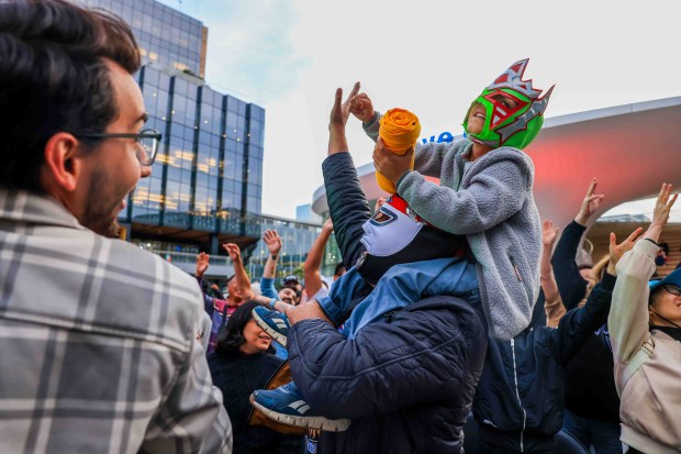 Fans cheer during Lucha Libre Wrestling Night at Thrive City Plaza in San Francisco, Calif., Thursday, Sept. 24, 2026. Twenty-two wrestlers performed in six matches during the free event hosted by West Coast Pro Wrestling and Pro Wrestling Revolution. (Ray Chavez/Bay Area News Group)