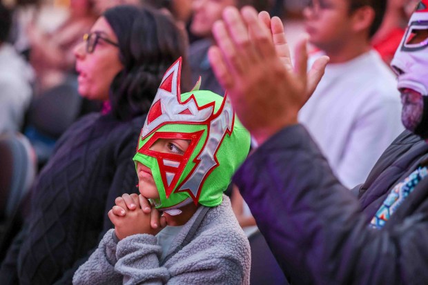 Fans react to the luchaodres performance during Lucha Libre Wrestling Night at Thrive City Plaza in San Francisco, Calif., Thursday, Sept. 24, 2026. Twenty-two wrestlers performed in six matches during the free event hosted by West Coast Pro Wrestling and Pro Wrestling Revolution. (Ray Chavez/Bay Area News Group)