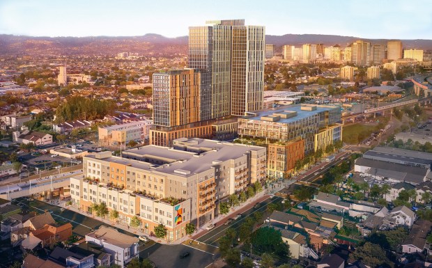 Mandela Station mixed-use transit-oriented neighborhood in Oakland, located next to the West Oakland BART station, concept. (JRDV Urban International)