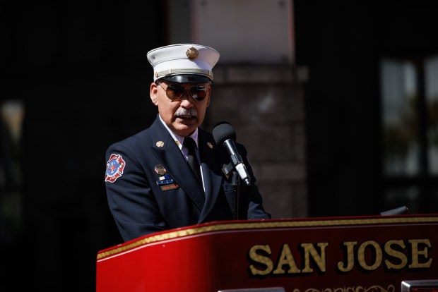 San Jose Fire Chief Robert Sapien Jr. speaks during the Patriot Day ceremony on the 25th anniversary of the Sept. 11 attacks in downtown San Jose on Friday, Sept. 11, 2026. (Dai Sugano/Bay Area News Group)