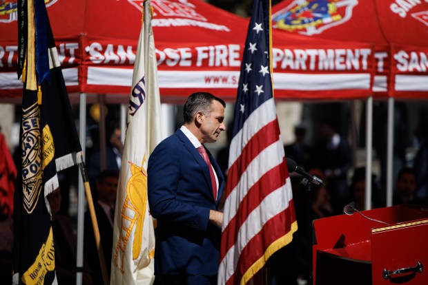 U.S. Rep. Sam Riccardo walks up to the podium to speak during the Patriot Day ceremony on the 25th anniversary of the Sept. 11 attacks in downtown San Jose, Calif., on Friday, Sept. 11, 2026. (Dai Sugano/Bay Area News Group)