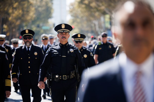 San Jose Police Chief Paul Joseph marches down Market Street during the Patriot Day ceremony on the 25th anniversary of the Sept. 11 attacks in downtown San Jose on Friday, Sept. 11, 2026. (Dai Sugano/Bay Area News Group)
