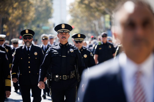 San Jose Police Chief Paul Joseph marches down Market Street during the Patriot Day ceremony on the 25th anniversary of the Sept. 11 attacks in downtown San Jose on Friday, Sept. 11, 2026. (Dai Sugano/Bay Area News Group)