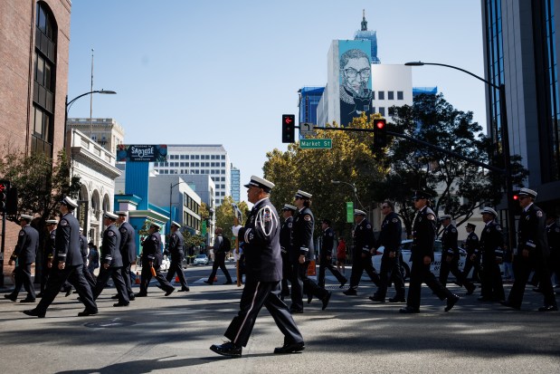 Firefighters from multiple agencies march down Market Street during the Patriot Day ceremony on the 25th anniversary of the Sept. 11 attacks in downtown San Jose on Friday, Sept. 11, 2026. (Dai Sugano/Bay Area News Group)
