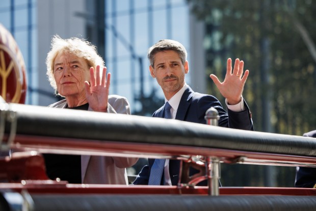 San Jose Mayor Matt Mahan, right, and U.S. Rep. Zoe Lofgren acknowledge community members during the Patriot Day ceremony on the 25th anniversary of the Sept. 11 attacks in downtown San Jose, Calif., on Friday, Sept. 11, 2026. (Dai Sugano/Bay Area News Group)