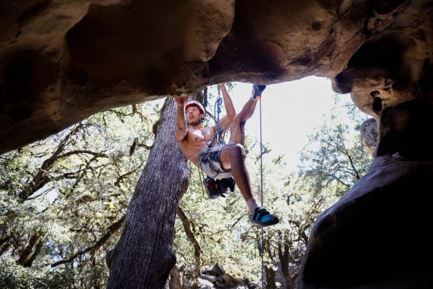 Fidel Nunez, of San Jose, rock climbs at Castle Rock State Park in Los Gatos, Calif., on Friday, Sept. 11, 2026. (Shae Hammond/Bay Area News Group)