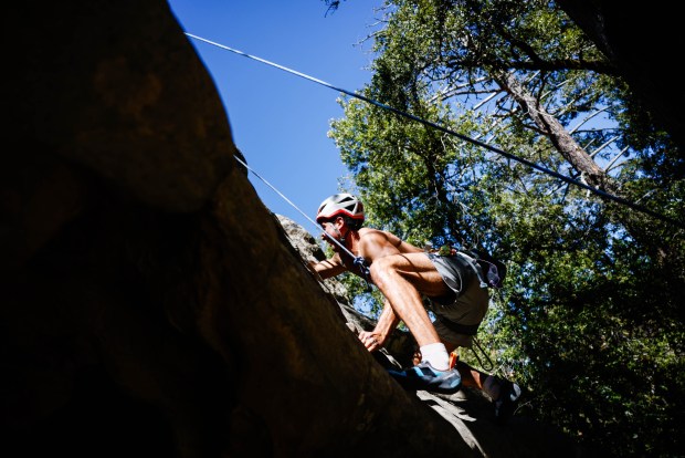 Fidel Nunez, of San Jose, rock climbs at Castle Rock State Park in Los Gatos, Calif., on Friday, Sept. 11, 2026. (Shae Hammond/Bay Area News Group)