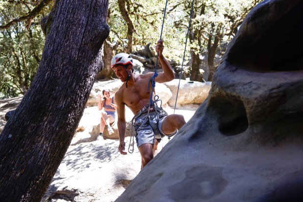 Fidel Nunez, of San Jose, rock climbs at Castle Rock State Park in Los Gatos, Calif., on Friday, Sept. 11, 2026. (Shae Hammond/Bay Area News Group)