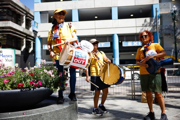 888 Taiko drums stand outside during an press conference about an ICE center being built in Gilroy outside the Federal Courthouse in San Jose, Calif., on Tuesday, Sept. 8, 2026. (Shae Hammond/Bay Area News Group)
