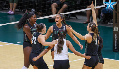 Hawaii Rainbow Wahine volleyball team defeats San Diego at Stan Sheriff Center