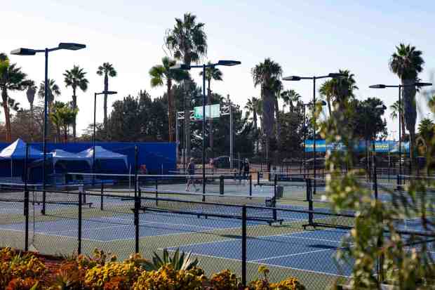 A pair plays pickleball at the Barnes Tennis Center on Friday, Sept. 11, 2026 in San Diego, California. (Meg McLaughlin / The San Diego Union-Tribune)