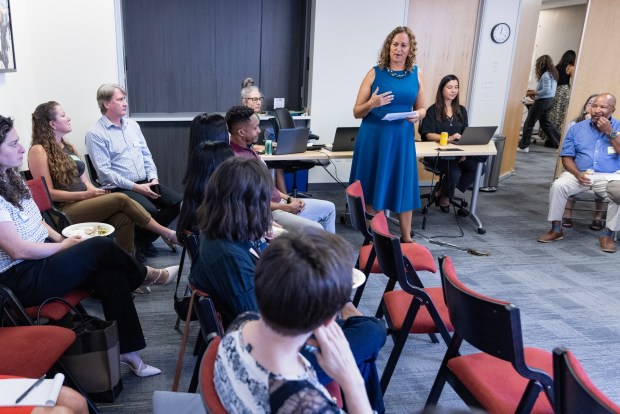 Connie Archbold Robinson, director of Nonprofit Sustainability Initiative San Diego, speaks during an event hosted by Catalyst of San Diego and Imperial Counties. (Luke Johnson / The San Diego Union-Tribune)