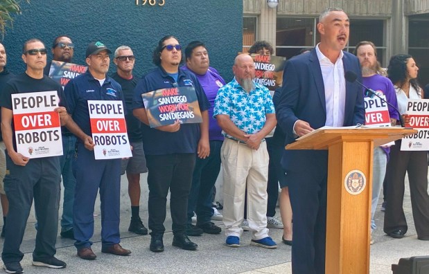 San Diego City Councilmember Sean Elo-Rivera speaks at a news conference on Monday, Sept. 14, 2026, in support of a resolution calling for local control of autonomous vehicle technology within the city limits of San Diego. (Rob Nikolewski/The San Diego Union-Tribune)