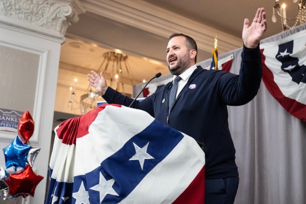 San Diego, CA - San Diego County Assessor, Recorder and Clerk, Jordan Marks, speaks to the crowd during a Republican election night watch party at The US Grant Hotel on Tuesday, June 2, 2026, in downtown San Diego, CA. (Luke Johnson / The San Diego Union-Tribune)