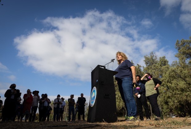 Kim Prather, UCSD researcher, speaks during a press conference to discuss the Tijuana River sewage crisis on Thursday, Sept. 12, 2024 in San Diego, California. (Ana Ramirez / The San Diego Union-Tribune)