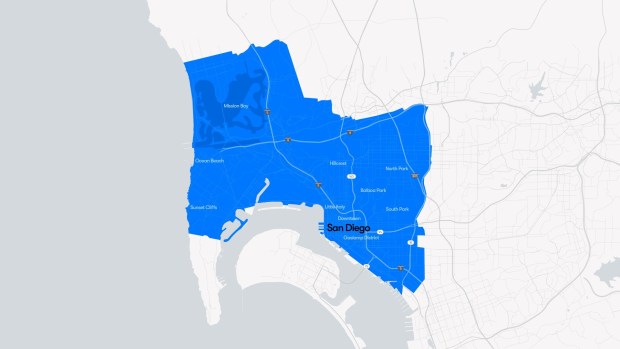 The initial Waymo service area includes 40 square miles of central San Diego. (Waymo)