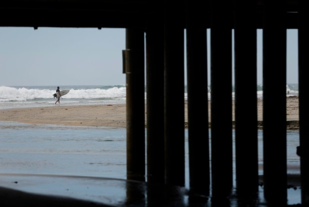 Encinitas, CA - September 10: Pillars for a bridge on Coast Highway 101 are seen above the San Elijo Lagoon inlet on September 10, 2026 in Encinitas, CA. (K.C. Alfred / The San Diego Union-Tribune)