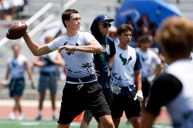 La Costa Canyon's Luke Labrum passes during the summer passing league tournament at La Costa Canyon High School on Saturday, July 11, 2026 in Carlsbad, California. (Meg McLaughlin / The San Diego Union-Tribune)