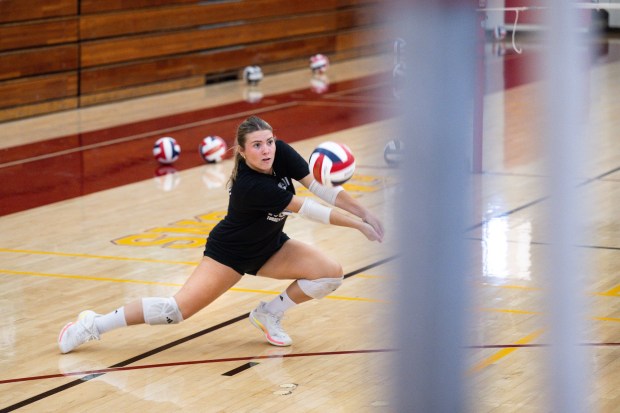 Torrey Pines senior Lila Green hits the ball during practice on Wednesday, Sept. 16, 2026, at Torrey Pines High School gym in San Diego, CA. (Luke Johnson / The San Diego Union-Tribune)