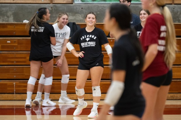 Torrey Pines senior Lila Green stands with teammates during practice on Wednesday, Sept. 16, 2026, at Torrey Pines High School gym in San Diego, CA. (Luke Johnson / The San Diego Union-Tribune)