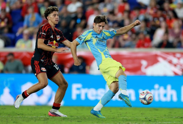 Milan Iloski of the Philadelphia Union takes a shot as Adri Mehmeti of the New York Red Bulls during the first half at Sports Illustrated Stadium on August 29, 2026 in Harrison, New Jersey. (Photo by Elsa/Getty Images)