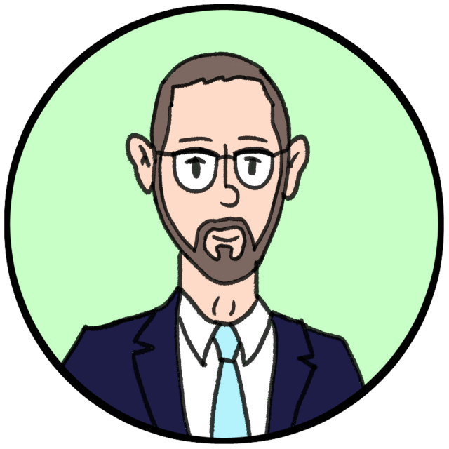Cartoon drawing of a man with glasses, short hair and a beard, wearing a suit and tie, in front of a light green circular background.