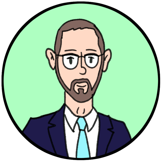 Cartoon drawing of a man with glasses, short hair and a beard, wearing a suit and tie, in front of a light green circular background.
