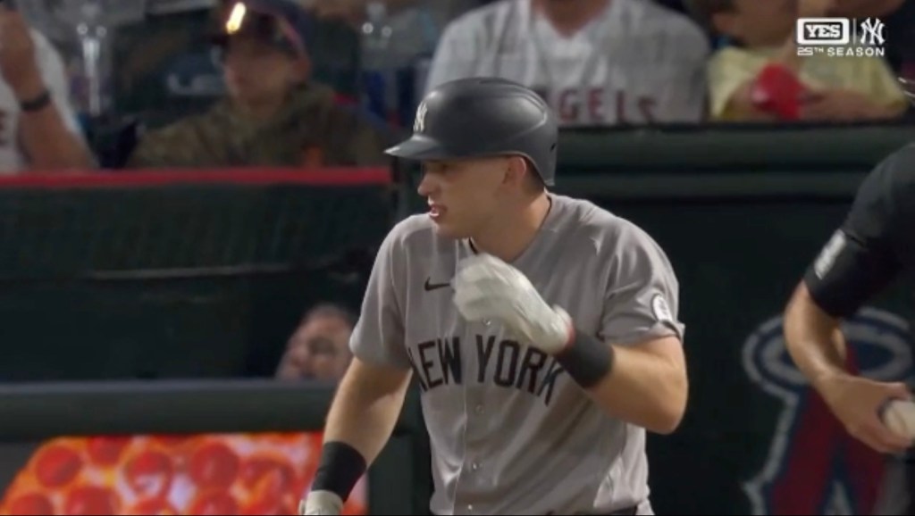Ben Rice hit the foul ball down the first base side and struck a person i the camera well.