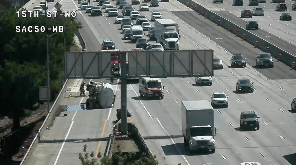 Overturned truck leaking diesel blocks US 50 off-ramp