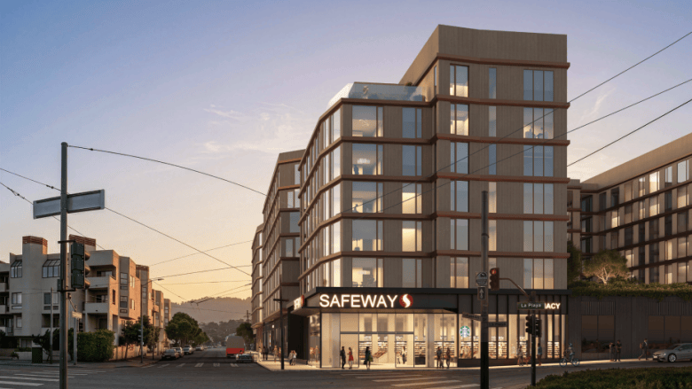A modern multi-story building with large windows features a Safeway store on the ground floor, located at a street intersection at sunset.