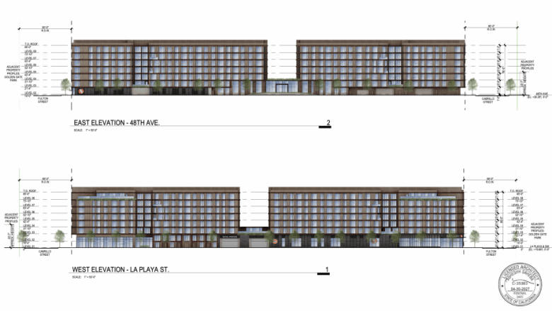 Architectural elevation drawings of a multi-story building, showing the east and west facades, with height measurements and street labels for 48th Ave and La Playa St.
