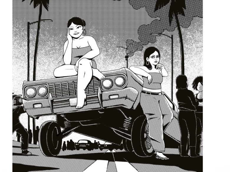 Two women pose on and beside a raised car in a city street, with palm trees and several people in the background. The image is in black and white.