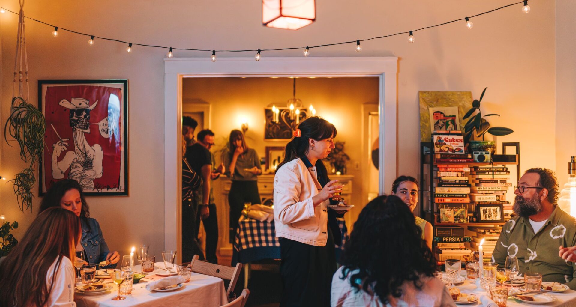 Guests dine at a house