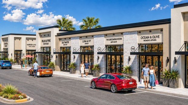 Brick accents, awnings and landscaping are part of Oakland Village's revised design, which commissioners asked the developer to make more compatible with the town's character. (Oakland Town Center LLC)
