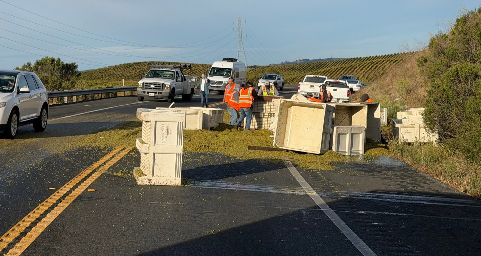 Grape spill triggers crash, shuts down Highway 121 near Schellville