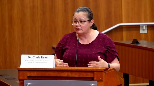 Dr. Cindy Kron, UC Agriculture and Natural Resources' integrated pest management advisor for the North Coast, speaks to a panel in a screenshot of a hearing held Sept. 3 at University of California, Davis in Davis, California. (Screenshot - California Senate Select Committee on California's Wine Industry)
