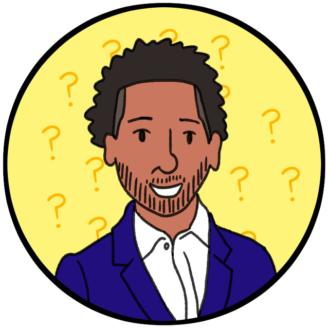 Illustration of a smiling man with short curly hair and a beard, wearing a blue jacket and white shirt, with a yellow background featuring question marks.