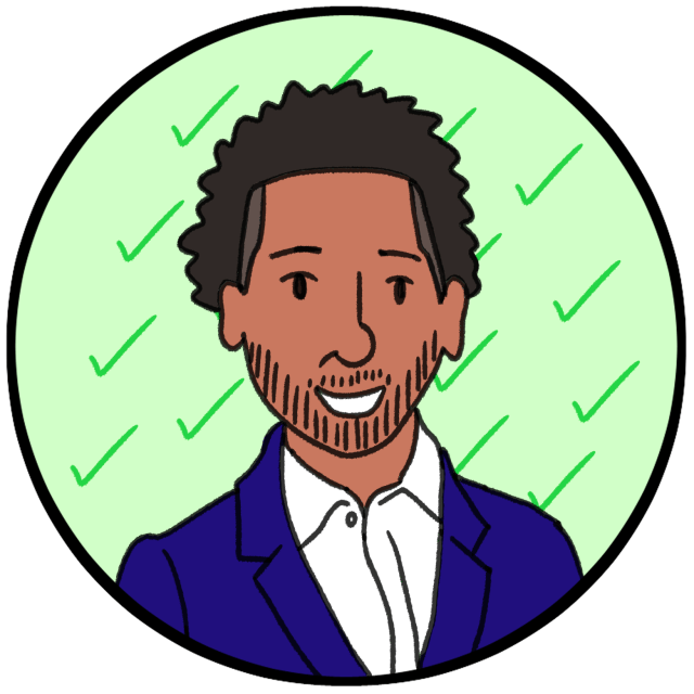 Illustration of a smiling man with dark curly hair and beard, wearing a blue suit and white shirt, against a light green background with check marks.
