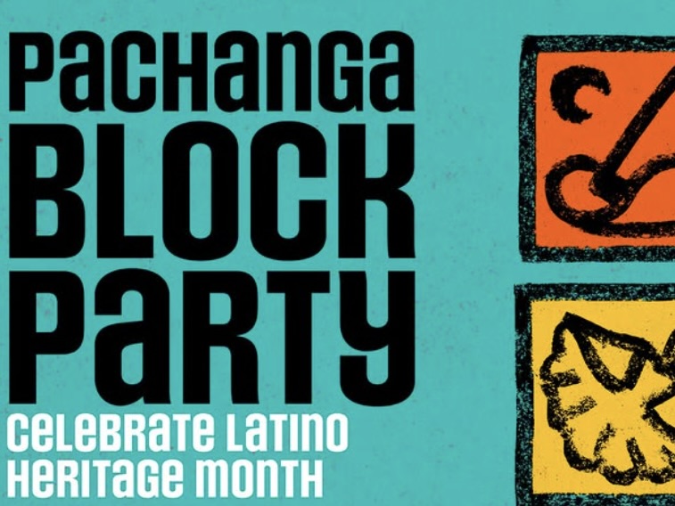 Text reads “Pachanga Block Party. Celebrate Latino Heritage Month” on a blue background with abstract orange and yellow artwork on the right side.