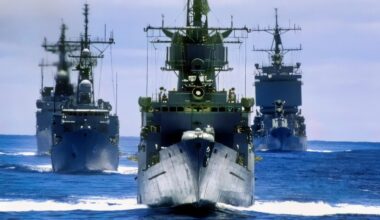 A bow view of the ships composing the battleship USS MISSOURI (BB-63) battle group participating in the multinational Exercise RIMPAC '88. They are, front to back: the frigate USS COOK (FF-1083), the guided missile frigate USS MCCLUSKY (FFG-41), the destroyer USS JOHN YOUNG (DD-973) and the nuclear-powered guided missile cruiser USS LONG BEACH (CGN-9).