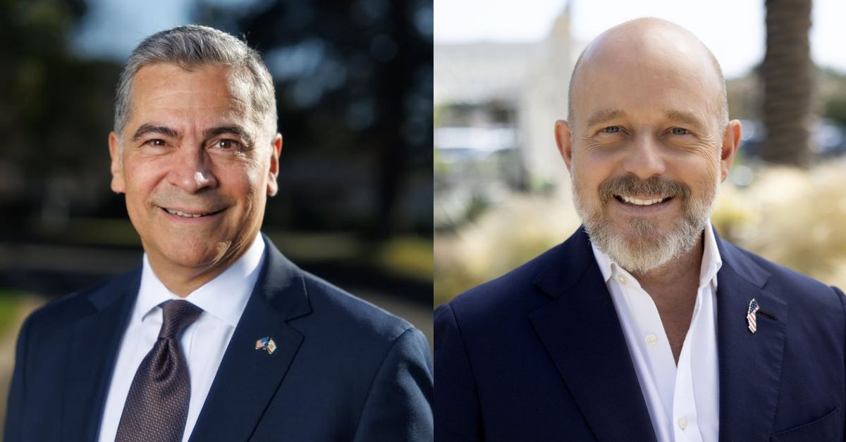 Side by side photos of two men, both wearing navy blue suit jackets with American flags on the left lapels, over white shirts. The man on the left has short gray hair and is clean-shaven and wearing a blue tie. The man on the right is bald with a trim gray beard and mustache and has his top two shirt buttons undone.