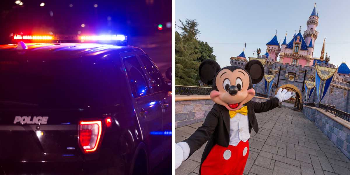 A split image captures a police car with flashing lights at night on the left, hinting at a tense scene reminiscent of a car crash, while on the right, a person in a Mickey Mouse costume joyfully poses before a dazzling castle at a Disney theme park at Disneyland California.