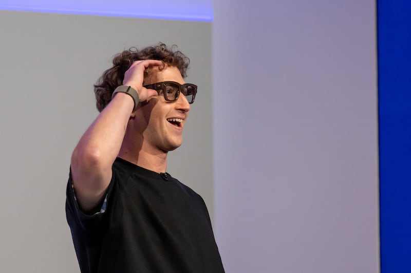 Mark Zuckerberg unveils Meta glasses at an event in 2025. Photographer: David Paul Morris/Bloomberg