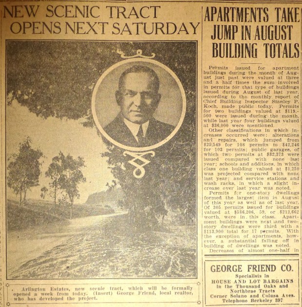 A Berkeley real estate agent had a publicity piece in the Sept. 4, 1926, Berkeley Daily Gazette promoting the city's new "Arlington Estates" development. (photo courtesy of Berkeley Historical Society and Museum)