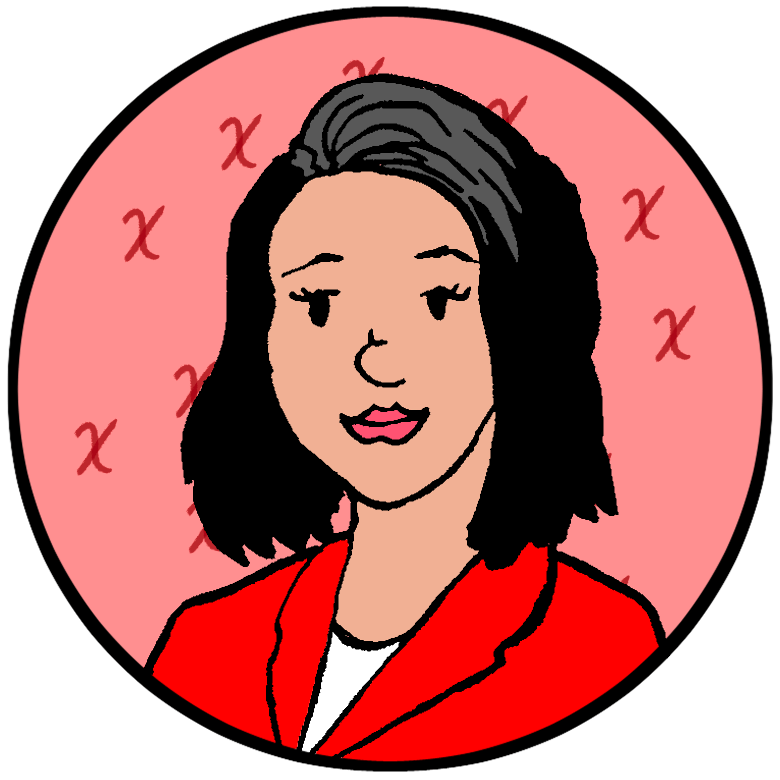 Cartoon illustration of a woman with shoulder-length dark hair, wearing a red blazer, set against a pink background with repeating “X” patterns.