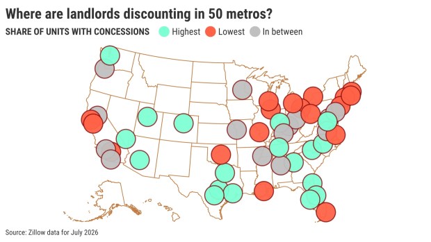 Where Zillow says landlords discounting in 50 metros. (Graphic by Flourish) 